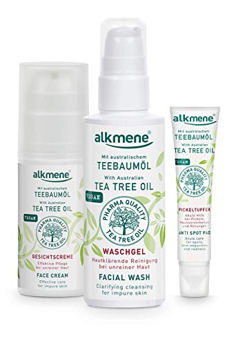 alkmene Set de cuidado con aceite de árbol de té para pieles con impurezas - crema facial, gel de limpiador y parches SOS anti granos - set vegano sin siliconas ni parabenos