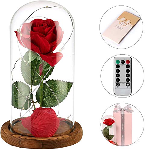 Anaoo Rosas Bella y la Bestia Regalo para Mujeres, Madres, Novia, San Valentin, Cumpleaños, Boda, Aniversario, con Una Cúpula de Cristal sobre una Base, con Mando a Distancia y Una Tarjeta