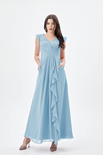 Atlxdres Mujer Vestido Fruncido Manga Casquillo con Volantes Cuello en V Gasa para Cóctel con Bolsillos Azul Cielo