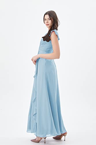 Atlxdres Mujer Vestido Fruncido Manga Casquillo con Volantes Cuello en V Gasa para Cóctel con Bolsillos Azul Cielo