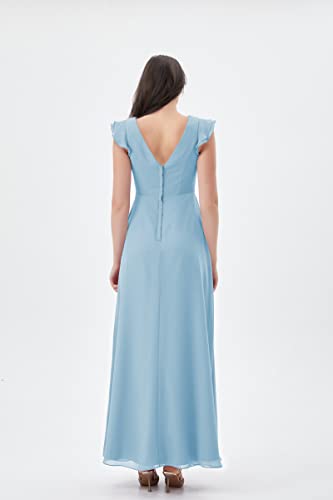 Atlxdres Mujer Vestido Fruncido Manga Casquillo con Volantes Cuello en V Gasa para Cóctel con Bolsillos Azul Cielo