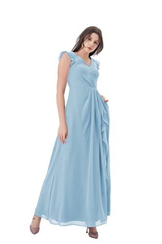 Atlxdres Mujer Vestido Fruncido Manga Casquillo con Volantes Cuello en V Gasa para Cóctel con Bolsillos Azul Cielo