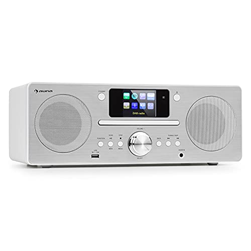 auna Harvard - Radio Internet, Internet Radio con Reproductor de CD, Radio WiFi con Spotify Connect, Internet-/Dab+ y Radio FM, Bluetooth, Pantalla HCC de 2,4", UNDOK-App, Puerto USB, Blanco