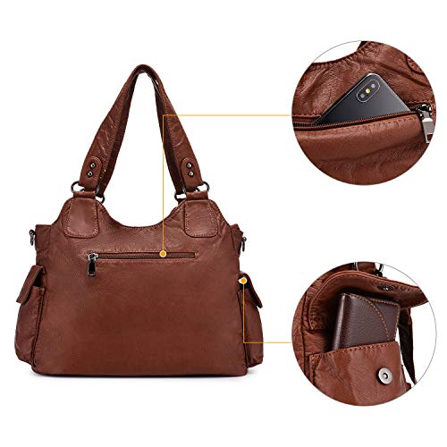 BAIGIO Bolsos de Mujer Bolso de Hombro de Cuero PU Lavadas Suaves para Mujer Gran Capacidad Bolso de Mano con Multitud de Bolsillos con Cremalleras (Marron)