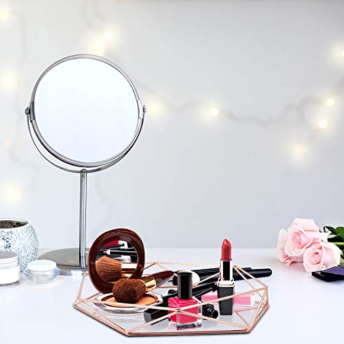 Bandejas cosméticas organizadoras, bandeja de maquillaje con espejo de vidrio polígono, bandeja decorativa de metal para tocador, baño, dormitorio (oro rosa)