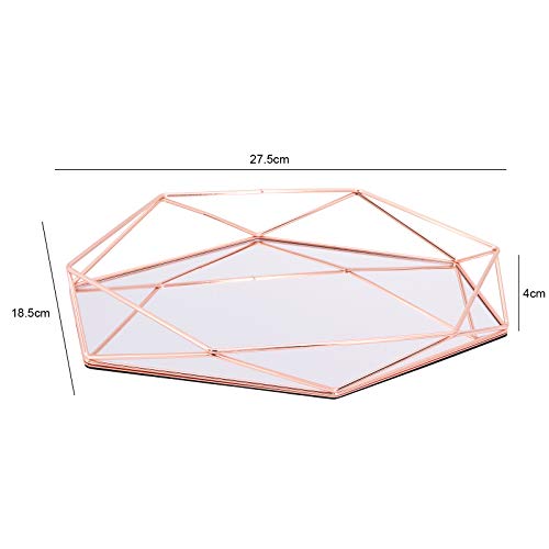 Bandejas cosméticas organizadoras, bandeja de maquillaje con espejo de vidrio polígono, bandeja decorativa de metal para tocador, baño, dormitorio (oro rosa)