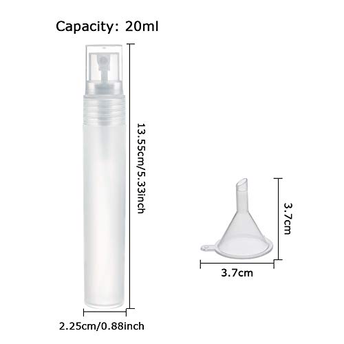 BENECREAT 12 Pack 20ml Botella de Plástico Esmerilada Vacía de Aerosol de Niebla Rellenable con 4 Embudos， 4 Pipetas, y 2 Bombas de Plástico para Aceites Esenciales, Productos de Belleza Orgánicos