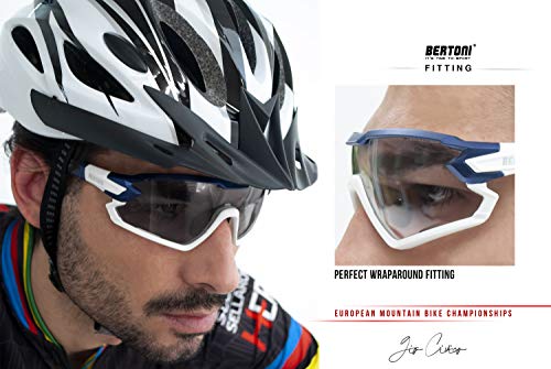 BERTONI Gafas Ciclismo Running MTB Esquí Tennis Padel Polaridas Fotocromaticas Mod. Quasar (Azul-Blanco/Espejo Azul)