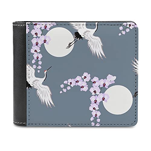 Billetera De Hombre Orquídeas Y Pájaros Japoneses Grullas Paisaje Lunar Formato De Cartera Tarjetero Cartera Fina De Piel