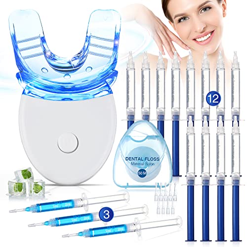 Blanqueador Dental Profesional,Kit de Blanqueamiento Dientes-12*Gel Blanqueamiento,3*Gel Calmante,Hilo Dental,Kit de Blanqueamiento Dental Reutilizable,Seguro y Suave,Cuidado Dental Completo Hogar