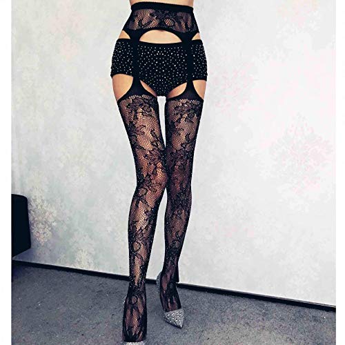 Bohend Diamante de imitación Liga Medias Flor muslo Redes de pesca Media Brillar Rejilla Medias Elástico Club nocturno Media para Las mujeres y las niñas