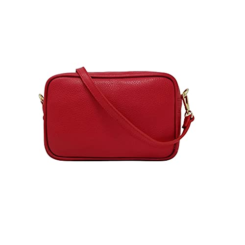 Bolso bandolera para mujer pequeño de piel auténtica con bolsillo frontal y bolsillo interior, cierre con cremallera y correa ajustable, Made in Italy, modelo Joy, bolso bandolera para mujer, rojo