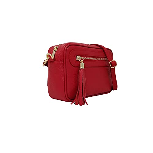 Bolso bandolera para mujer pequeño de piel auténtica con bolsillo frontal y bolsillo interior, cierre con cremallera y correa ajustable, Made in Italy, modelo Joy, bolso bandolera para mujer, rojo