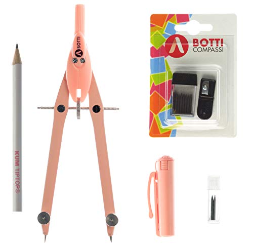 BOTTI Juego de 6 compás de metal profesional, lápiz, sacapuntas con recogedor, extra minas con sacapuntas para escuela primaria primaria superior Made in Italy (Pastel rosa)