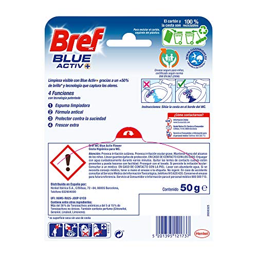 Bref Blue Activ Floral Cesta WC (pack de 10 unidades), limpia baño para un WC siempre limpio y fresco, limpiador de baños con fórmula antical que elimina la suciedad