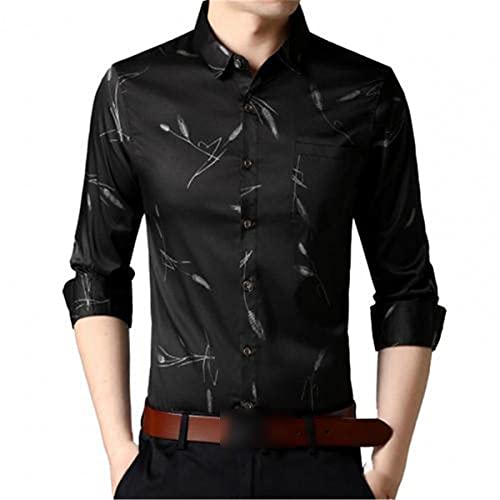 Camisa de moda transpirable delgada característica impresión hombres manga larga solapa cuello trigo oído impreso negocios oficina camisa superior, Negro, XXL