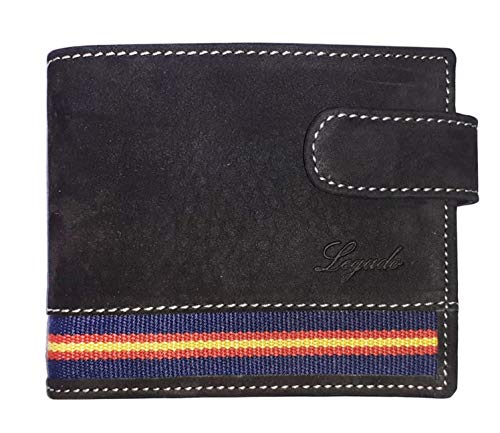 Cartera LEGADO Serraje de Ubrique Hecha en Piel de Toro Billetera Tarjetero y Monedero para Hombre de Cuero Regalo Pulsera Bandera de España (Negro Horizontal con Broche)