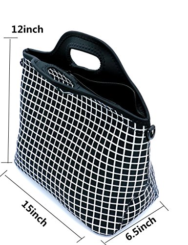 Case Wonder Lunch Bags, Bolsa de almuerzo Neoprene, Bolsa de almuerzo grande aislada, Caja de almuerzo lavable reutilizable para hombres/mujeres/Picnic/Trabajo/Escuela (L, Rejilla Negra)