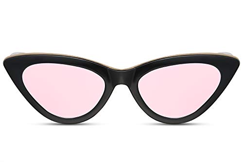 Cheapass Gafas de Sol Ojo de Gato Moderno con Montura de Barra Dorada Pequeña Negra y Lentes Rosas Espejadas UV400 Mujer