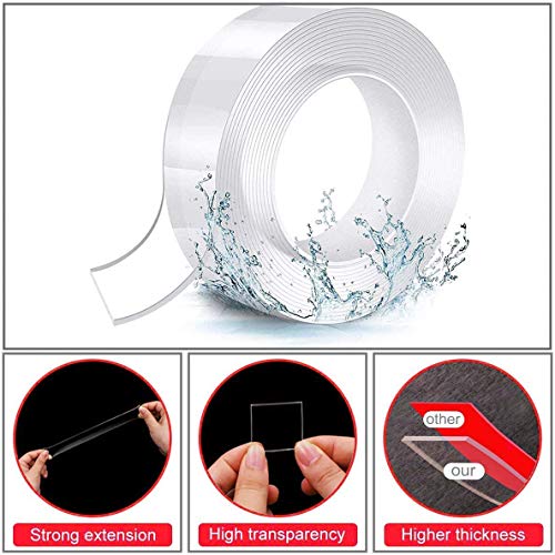 Cinta Adhesiva Nano, 600cm Cinta Adhesiva Transparente Extraíble Multifuncional sin Rastros, Cinta Adhesiva de Doble Cara Reutilizable Lavable Fuerte Agarre de Gel para Oficina,Alfombra,Cocina