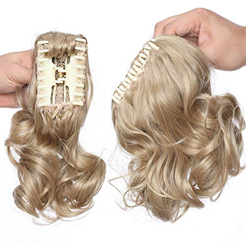 Coleta Postiza Corta con Pinza Extensiones de Cabello Natural Clip Coleta Sintética Coletero Pelo Postizo para Mujer Rizada Ondulada 12 Pulgads(30cm,110g,Rubio Ceniza)