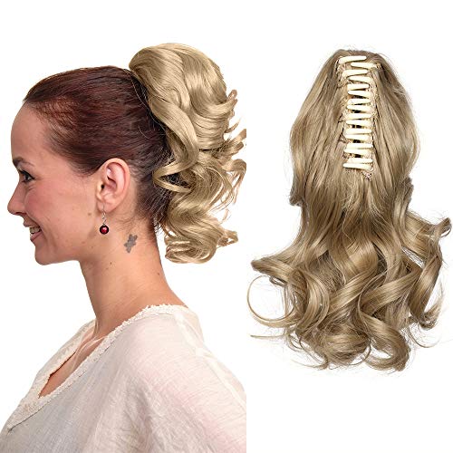 Coleta Postiza Corta con Pinza Extensiones de Cabello Natural Clip Coleta Sintética Coletero Pelo Postizo para Mujer Rizada Ondulada 12 Pulgads(30cm,110g,Rubio Ceniza)