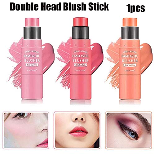 Colorete en barra hidratante de doble cabeza para mejillas Crema de colorete facial con pincel Contorno facial Colorete Bálsamo Hidratante de larga duración Impermeable Suave Rubor Maquillaje de mujer