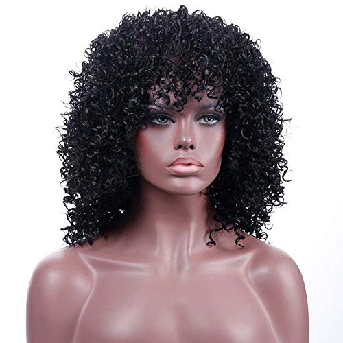 ColorfulPanda Afro Pelucas de pelo negra rizado y rizado para mujer negra, pelo natural negro, pelucas brasileña sintéticas onduladas con Flequillo de Para Mujeres Fiesta Halloween Disfraz
