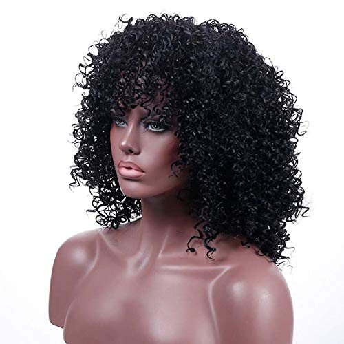 ColorfulPanda Afro Pelucas de pelo negra rizado y rizado para mujer negra, pelo natural negro, pelucas brasileña sintéticas onduladas con Flequillo de Para Mujeres Fiesta Halloween Disfraz