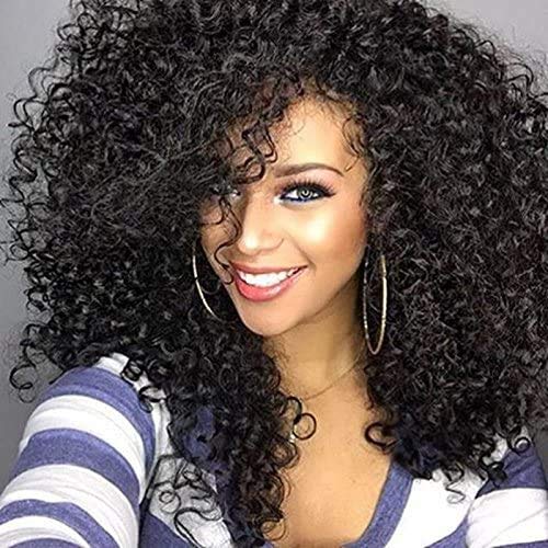 ColorfulPanda Afro Pelucas de pelo negra rizado y rizado para mujer negra, pelo natural negro, pelucas brasileña sintéticas onduladas con Flequillo de Para Mujeres Fiesta Halloween Disfraz