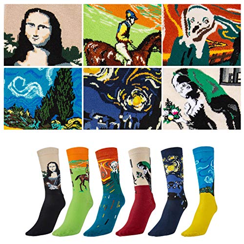 Comius Sharp Calcetines Estampados Hombre, 6 Para Pintura Famosa Medias Algodón Calcetín Colorido Diseño Divertido Hombre Transpirable Cómodo Calcetines Hombre Invierno