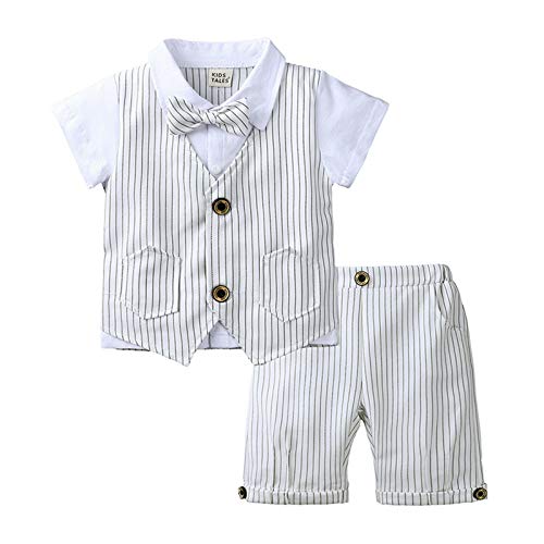 Conjunto De Ropa Bebé Niño Traje De Caballero Manga Corta Camiseta Y Pantalón con Chaleco Falso Niño Pequeño Infantil Trajes De Bautizo Traje De Cumpleaños De Fiesta De Bodas,Blanco,3~4 Years