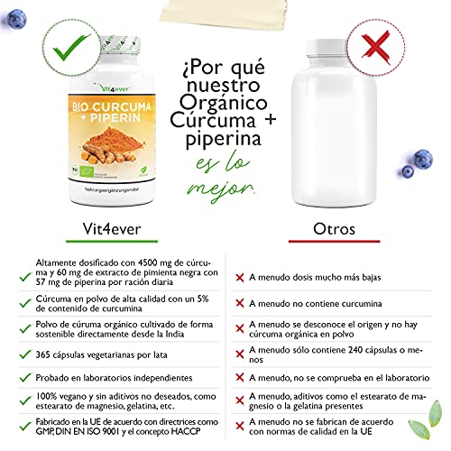 Cúrcuma orgánica - 365 cápsulas veganas - 4560 mg (cúrcuma orgánica + pimienta negra) por porción diaria - Con curcumina y piperina - Altamente dosificado - Vegano