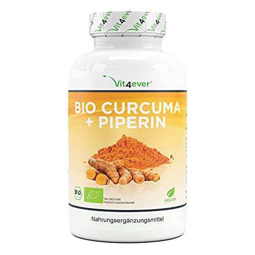 Cúrcuma orgánica - 365 cápsulas veganas - 4560 mg (cúrcuma orgánica + pimienta negra) por porción diaria - Con curcumina y piperina - Altamente dosificado - Vegano
