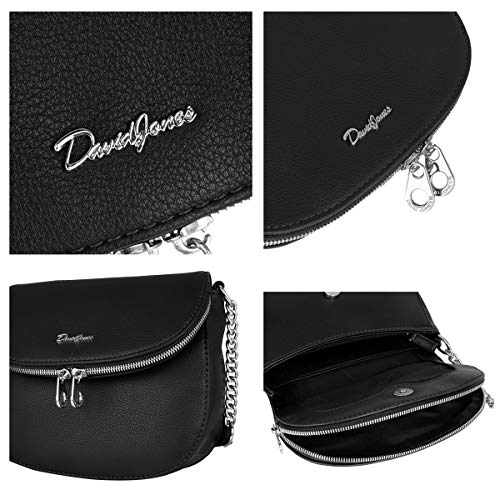 David Jones - Pequeño Bolso Bandolera Cadena Mujer - Bolsos de Hombro Mensajero Piel Cuero PU - Bolso Cruzado Cremallera Compartimentos - Messenger Crossbody Bag - Clutch Noche Embrague - Negro