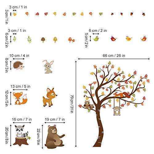 decalmile Pegatinas de Pared Animales del Bosque Árbol Vinilos Decorativos Búho Zorro Ciervo Adhesivos Pared Habitación Infantiles Niños Bebés Guardería (H:79cm)