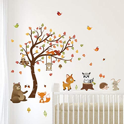 decalmile Pegatinas de Pared Animales del Bosque Árbol Vinilos Decorativos Búho Zorro Ciervo Adhesivos Pared Habitación Infantiles Niños Bebés Guardería (H:79cm)