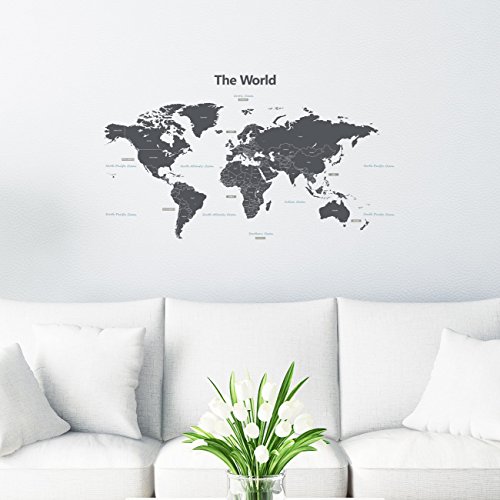 DECOWALL DWL-1609GS Mapamundi Moderno Gris Vinilo Pegatinas Decorativas Adhesiva Pared Dormitorio Salón Guardería Habitación Infantiles Niños Bebés (Medio) (English Ver.)