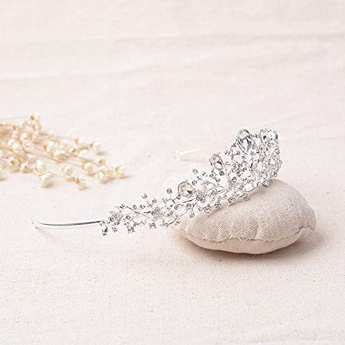 DGHJK Diadema de Perlas para Boda, Vintage, Cristal, Plata, plantado, Tiara Nupcial, Corona, joyería para el Cabello, Tocado de Boda, Accesorios para el Cabello para Mujer