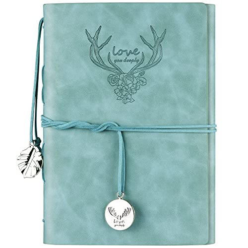 Diario de piel de estilo vintage, diario rellenable, páginas rayadas, carpetas, diario de viaje para adultos y niñas, tamaño A5, color azul claro