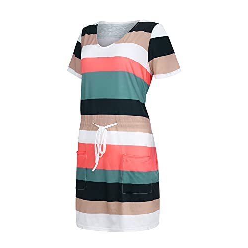 Dreamyth Mini Vestido para Mujer, Casual Vestido de Rayas Mujer Corto con Bolsillos, Corta Correa Sexy con Cuello en V Vestido