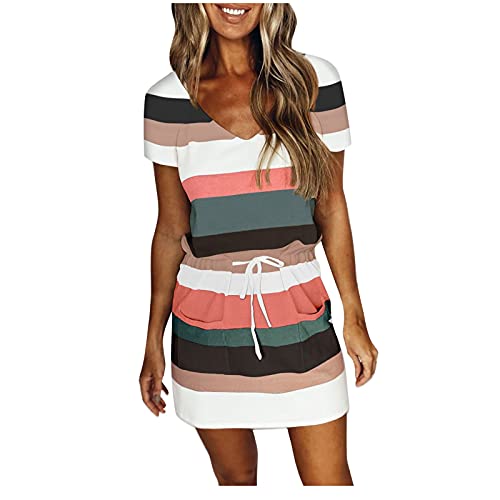 Dreamyth Mini Vestido para Mujer, Casual Vestido de Rayas Mujer Corto con Bolsillos, Corta Correa Sexy con Cuello en V Vestido