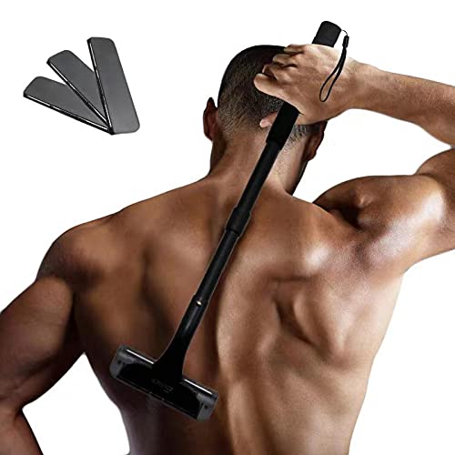 EASACE Afeitadora Espalda Depilación Corporal para Hombre, Afeitadora Corporal con Mango Largo 54.5cm Ajustable, Curvo DIY Navaja Afeitadora Sin Dolor con 3 Durable Cuchilla Repuesto (Negro)