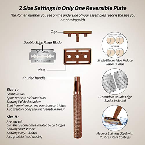 EASACE Cuchilla de Doble Filo Kit de Maquinilla de Afeitar para Hombres Mujeres Afeitado Húmedo Clásico+1 Soporte+1 Cepillo de Limpieza+10 Cuchillas de Doble Filo de Acero Inoxidable (Oro Rosa)