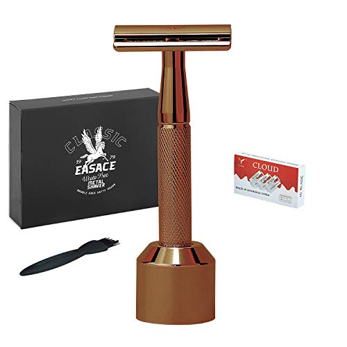 EASACE Cuchilla de Doble Filo Kit de Maquinilla de Afeitar para Hombres Mujeres Afeitado Húmedo Clásico+1 Soporte+1 Cepillo de Limpieza+10 Cuchillas de Doble Filo de Acero Inoxidable (Oro Rosa)