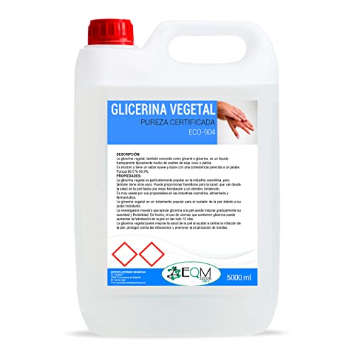 EQM SOLUCIONES QUÍMICAS | ECO-904 | 5L | Glicerina Vegetal Líquida | Grado farmacéutico | Hidratante natural cabello y piel | Ideal para jabones, champús, cremas, etc.