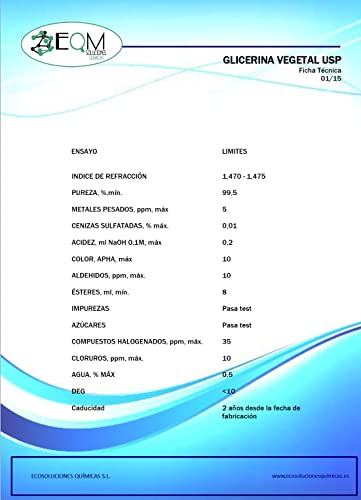 EQM SOLUCIONES QUÍMICAS | ECO-904 | 5L | Glicerina Vegetal Líquida | Grado farmacéutico | Hidratante natural cabello y piel | Ideal para jabones, champús, cremas, etc.