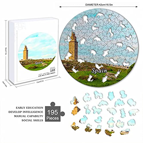 España Torre de Hércules La Coruña Rompecabezas de 195 Piezas con Forma Redonda de Animales de Madera para niños y Adultos, Recuerdos de 16.5 × 16.5 Pulgadas