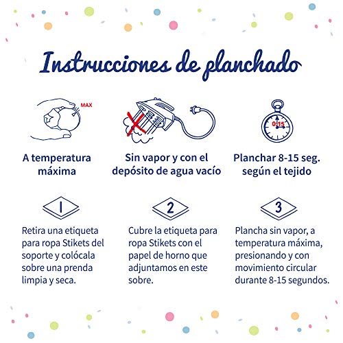 Etiquetas para ropa personalizadas Stikets® con 1 línea de texto para marcar todas las prendas de los niños para el cole o la guardería (96)