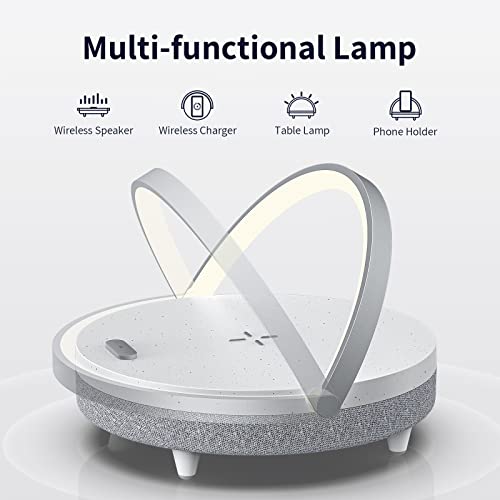 EZVALO Lámpara de Noche, Lampara de Mesa con Carga Inalámbrica, Lámpara de de Mesita Ajustable 3 Modos de Iluminación con Altavoz Bluetooth, Luz Nocturna para Dormitorio Sala de Estar Oficina